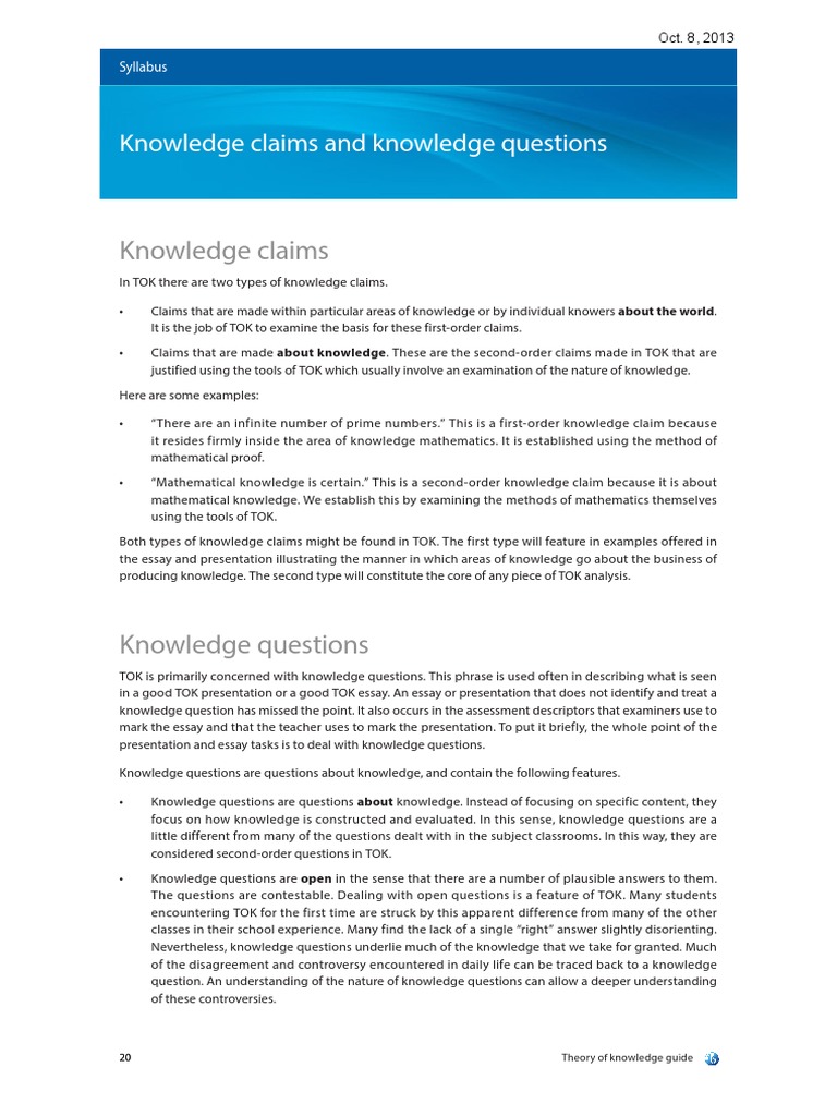 7 1 knowledge claims and knowledge questions from tok 2015 course guide Epistemology