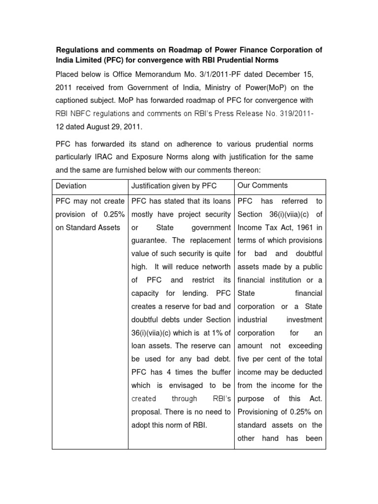 PFC Roadmap for RBI Norms Compliance | PDF | Finance & Money Management