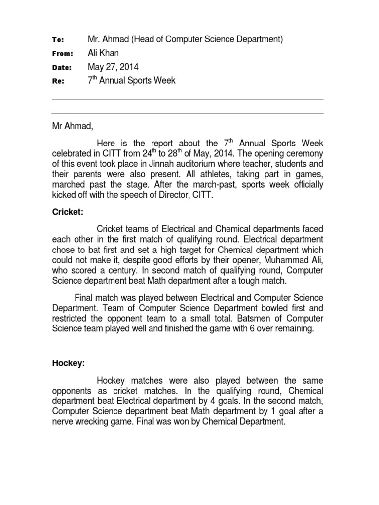 Letter, Memo Format Annual Sports Week in Campus PDF Cricket Sports