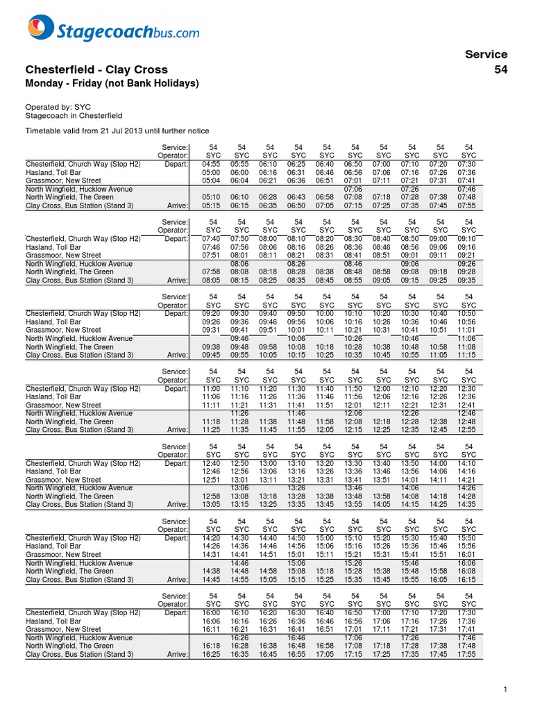 54 Timetable | PDF | Bus Transport | Road Transport
