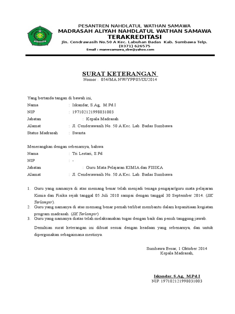 Surat Keterangan Pernah Mengajar Pdf