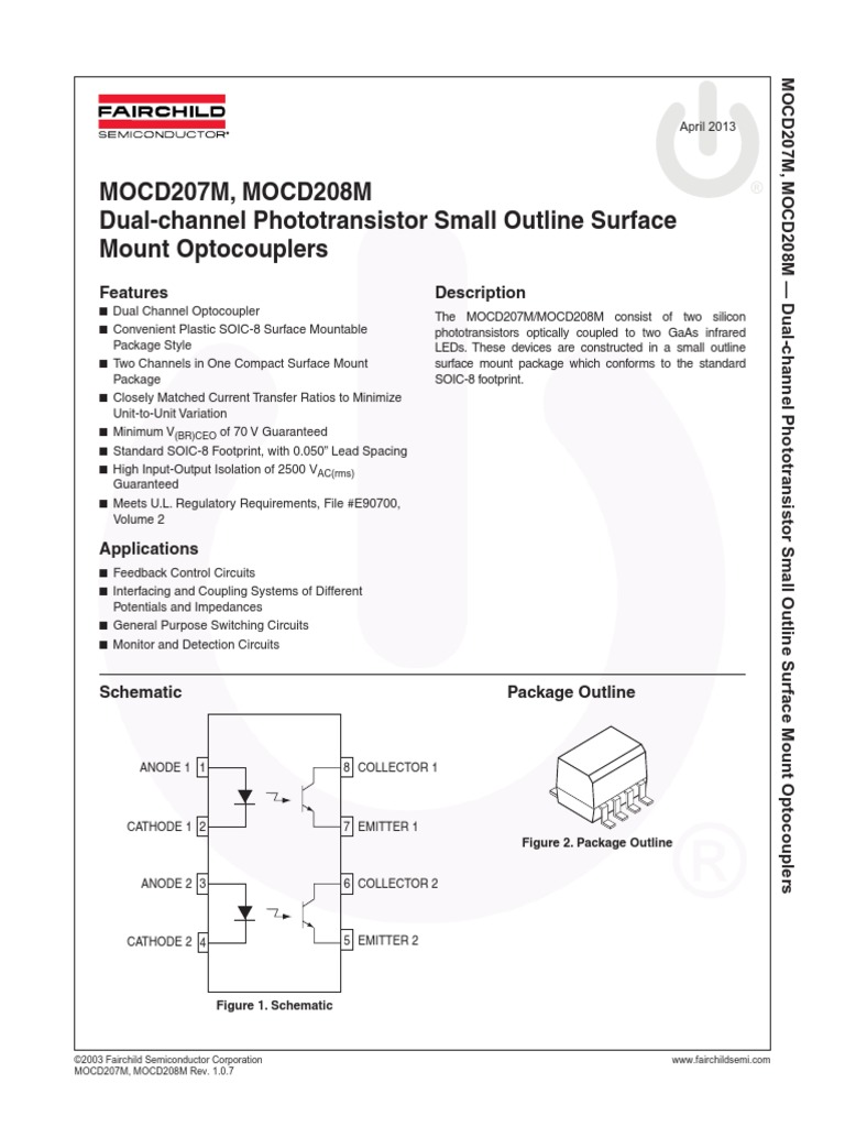 MOCD207M, MOCD208M DualChannel Phototransistor Small Outline Surface