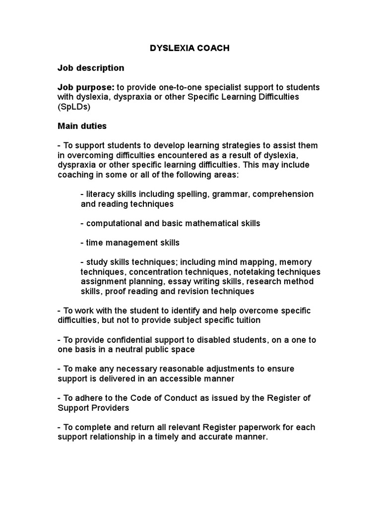 Job Descriptions ALL PDF Learning Disability Dyslexia