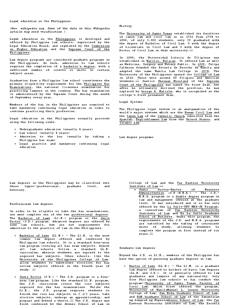 Legal Education in The Philippines PDF Juris Doctor Legal Education