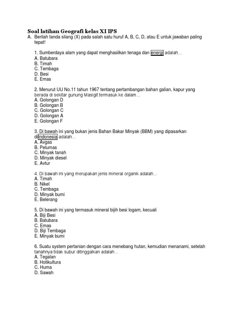 Soal latihan Geografi kelas XI IPS.docx