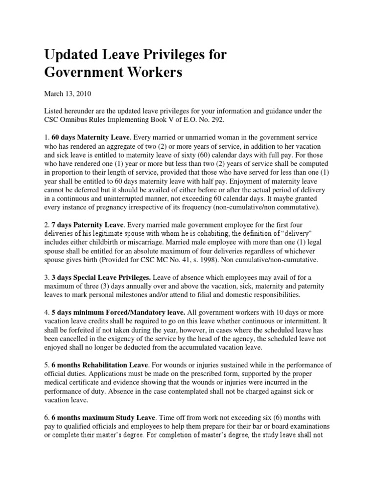 Updated Leave Benefits for Gov Employees | PDF | Parental Leave ...