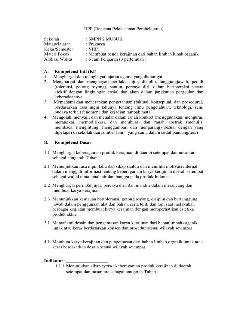 Rpp Prakarya 8 Smt 1 Docx