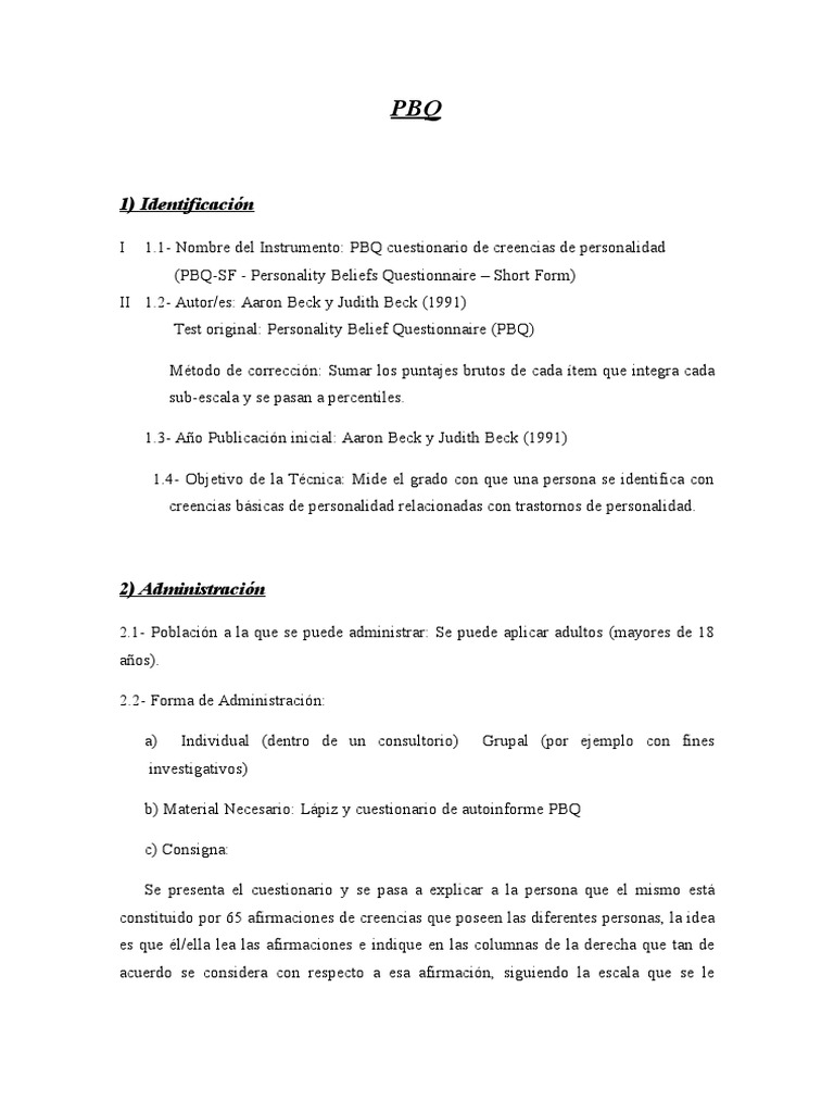 Cuestionario PBQ de Creencias de Personalidad | PDF
