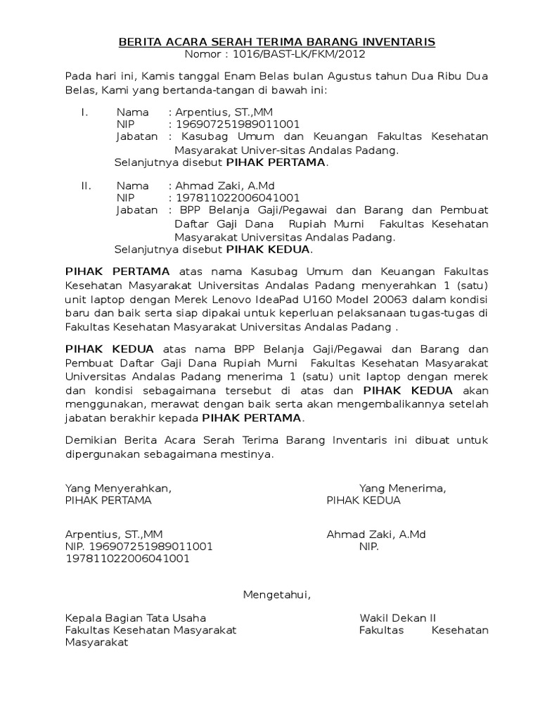 Berita Acara Serah Terima Barang Inventaris