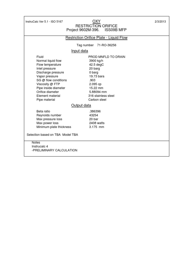 Restriction Orifice Plate Calculation | PDF