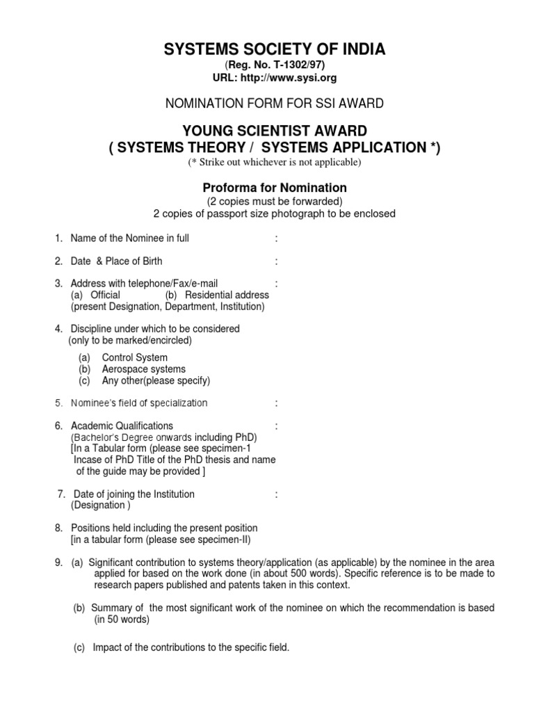 Young Scientist Award Nomination Form | PDF | Doctor Of Philosophy |  Scientist