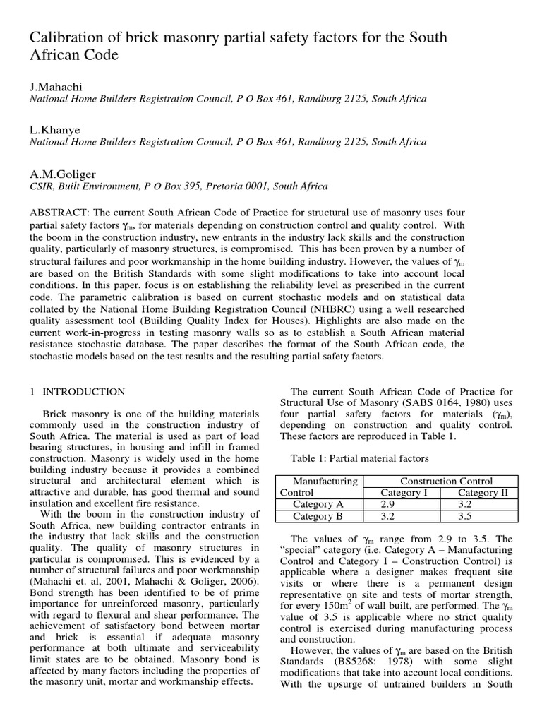 Calibration of Masonry Safety Factors in SA | PDF | Technology ...