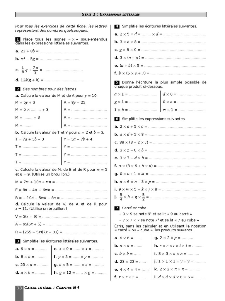 Exercice Calcul Littéral 5ème Avec Correction