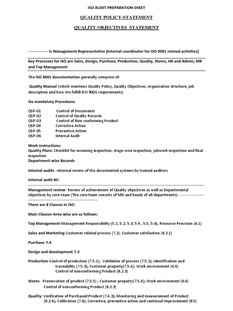 Iso 9001 Audit Preparation Sheet | PDF | Iso 9000 | Audit