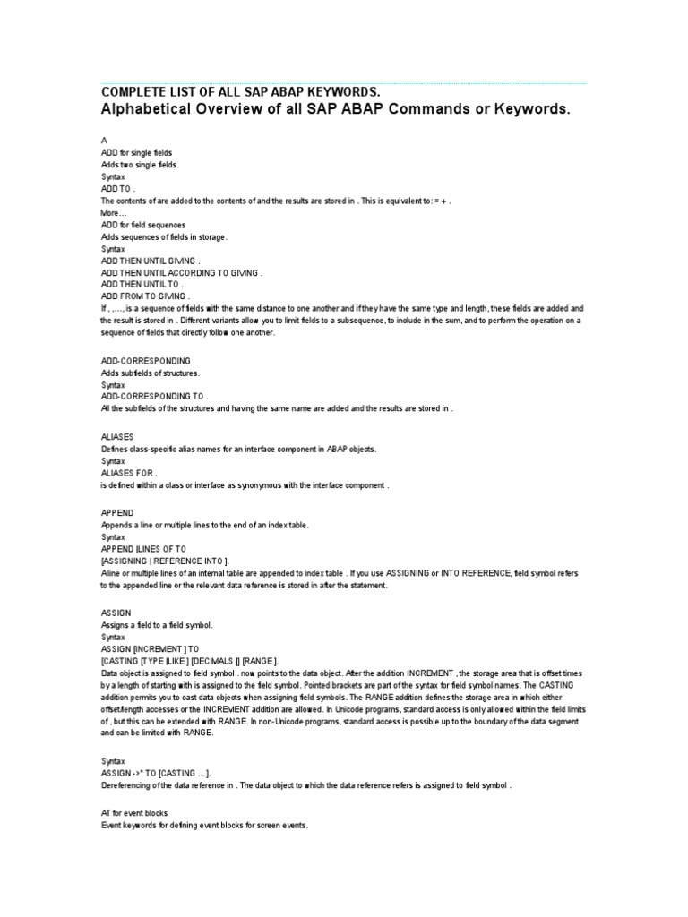 Alphabetical Overview of All SAP ABAP Commands or Keywords PDF