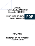 Kuliah 3 (Membaca Bahan Akademik Secara Kritis)