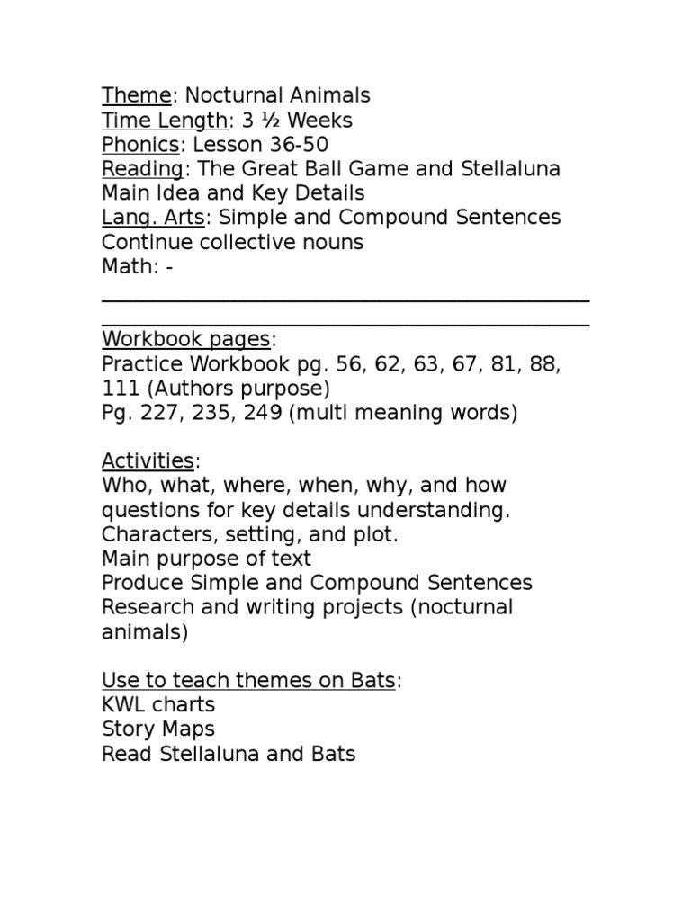 Nocturnal animals lesson plans