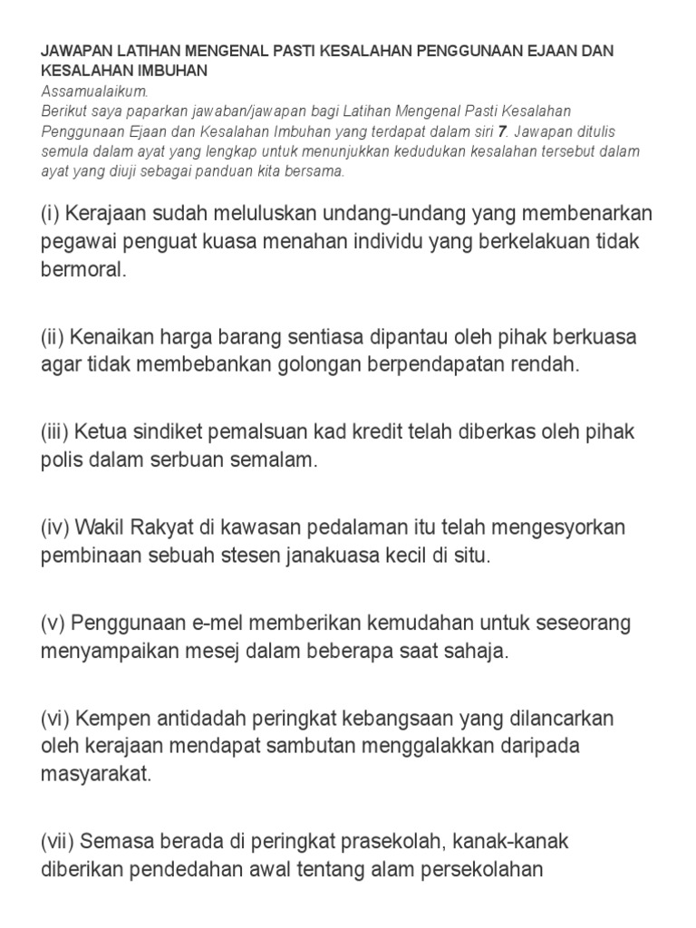 Jawapan Latihan Mengenal Pasti Kesalahan Penggunaan Ejaan Dan Kesalahan Imbuhan