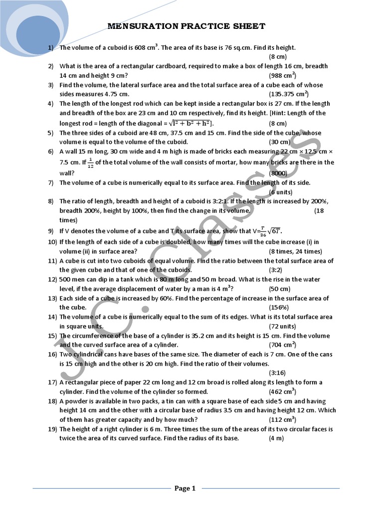 Mensuration Practice Problems | PDF | Volume | Surface Area