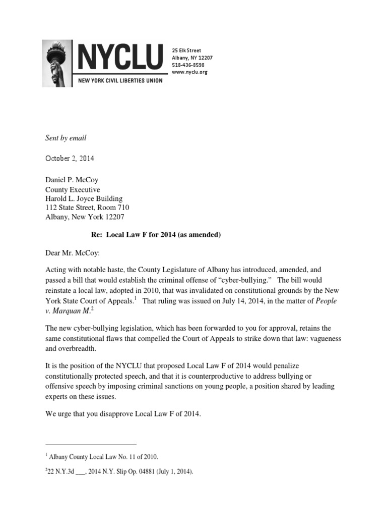 Cyberbullying Albany Letter County Executive 1022014 Cyberbullying
