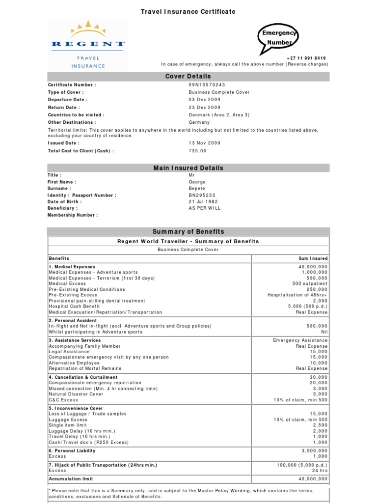 travellers insurance certificate