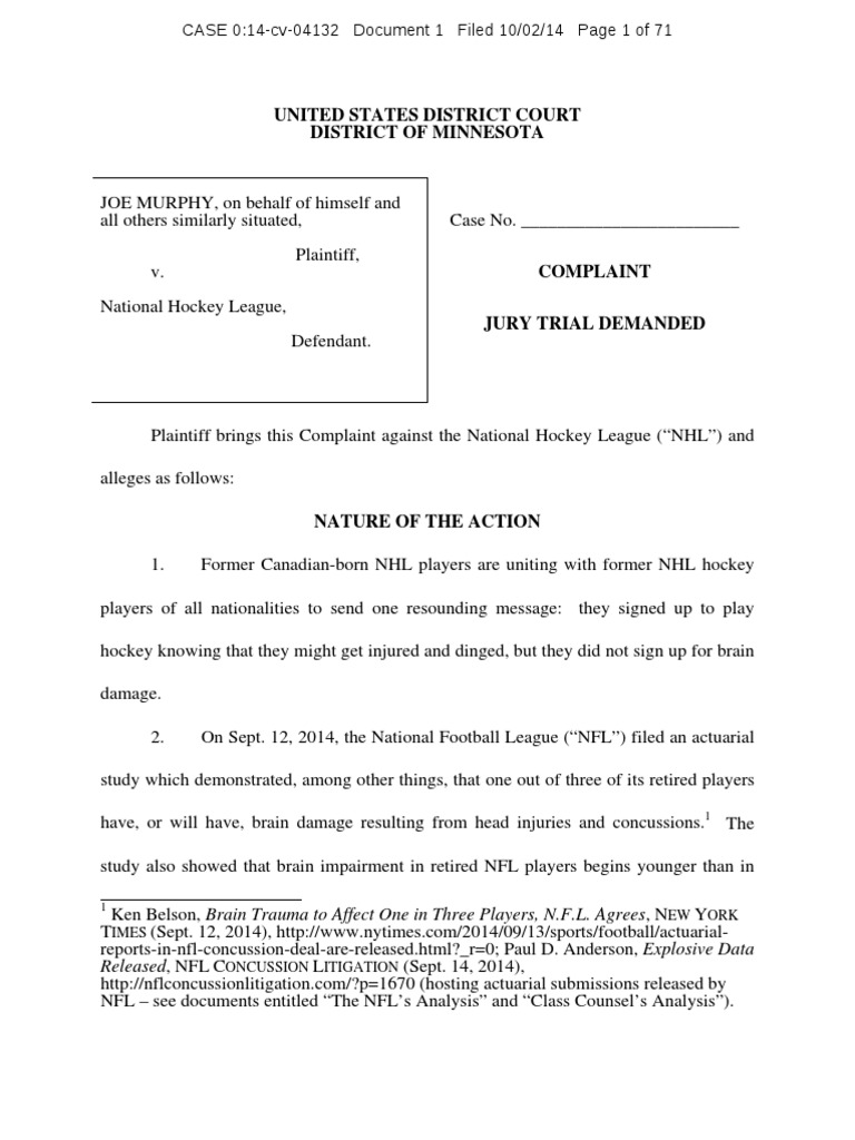 Joe Murphy Complaint PDF Concussion Chronic Traumatic Encephalopathy