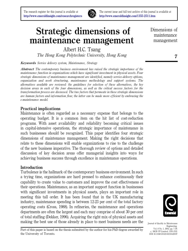 Strategic Dimensions of Maintenance Management | PDF | Outsourcing ...