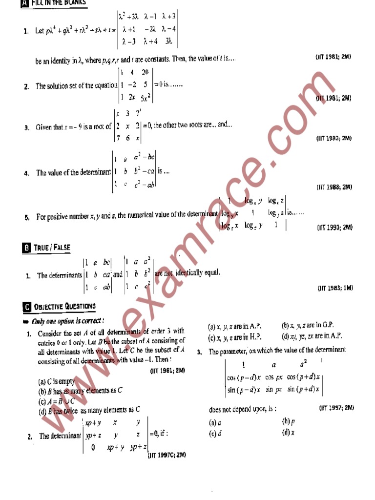 JEE Questions Determinants | PDF | Entertainment (General)