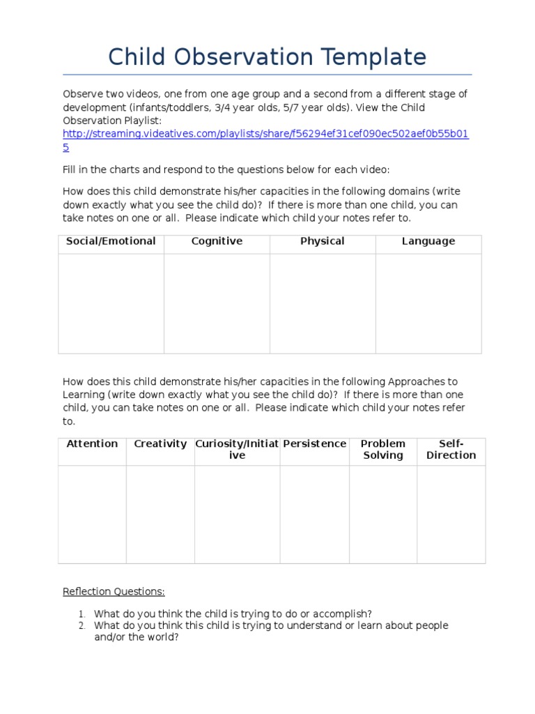 Child Observation Template: Social/Emotional Cognitive Physical ...
