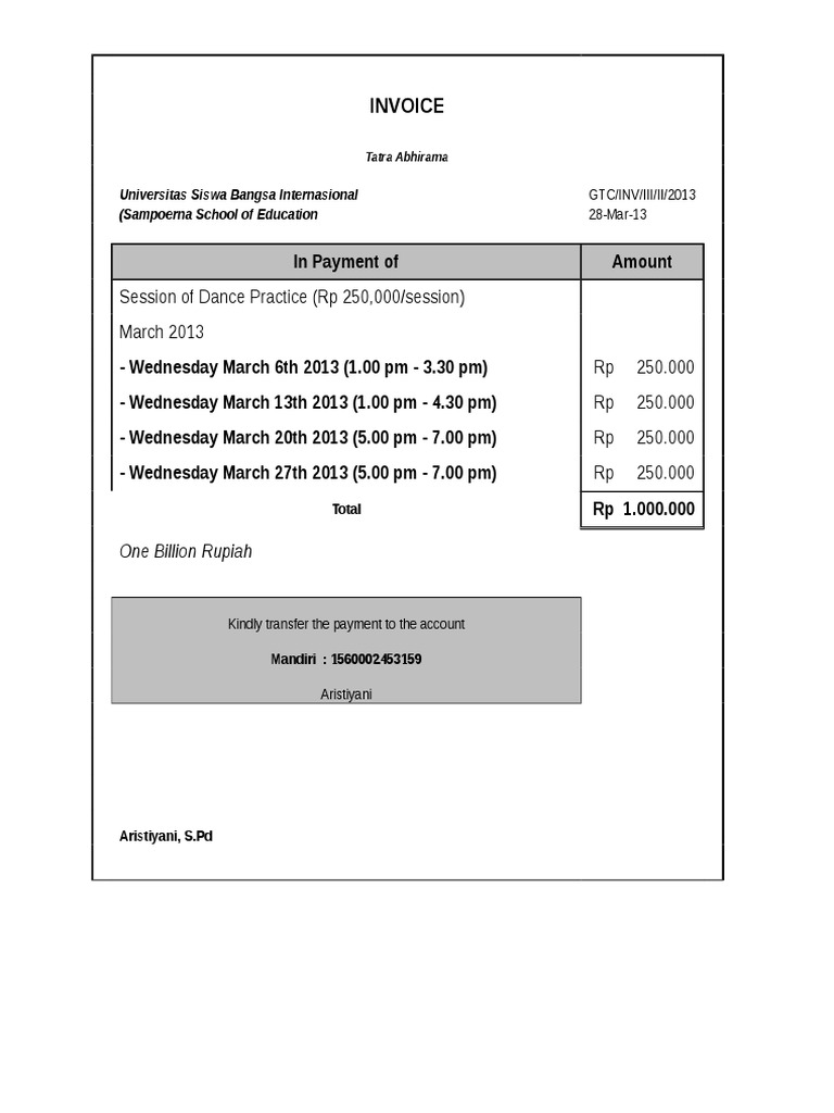 March 2013 Dance Practice Invoice | PDF | Teaching Methods & Materials ...