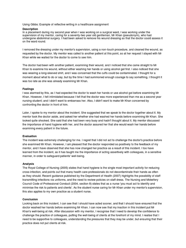gibbs reflective cycle example essay healthcare