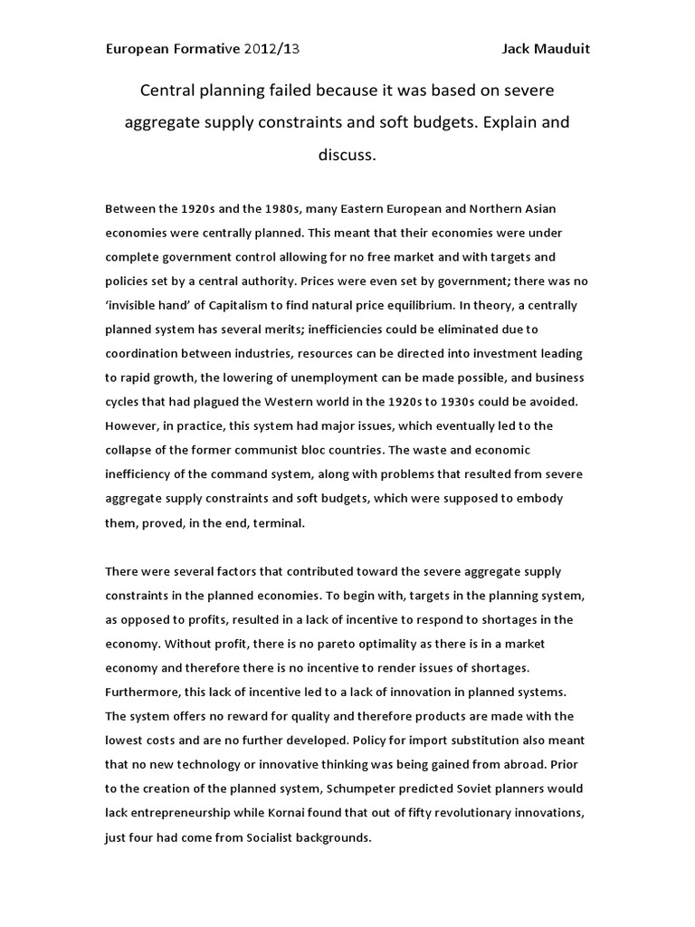 Central Planning Essay Economic Planning Inflation