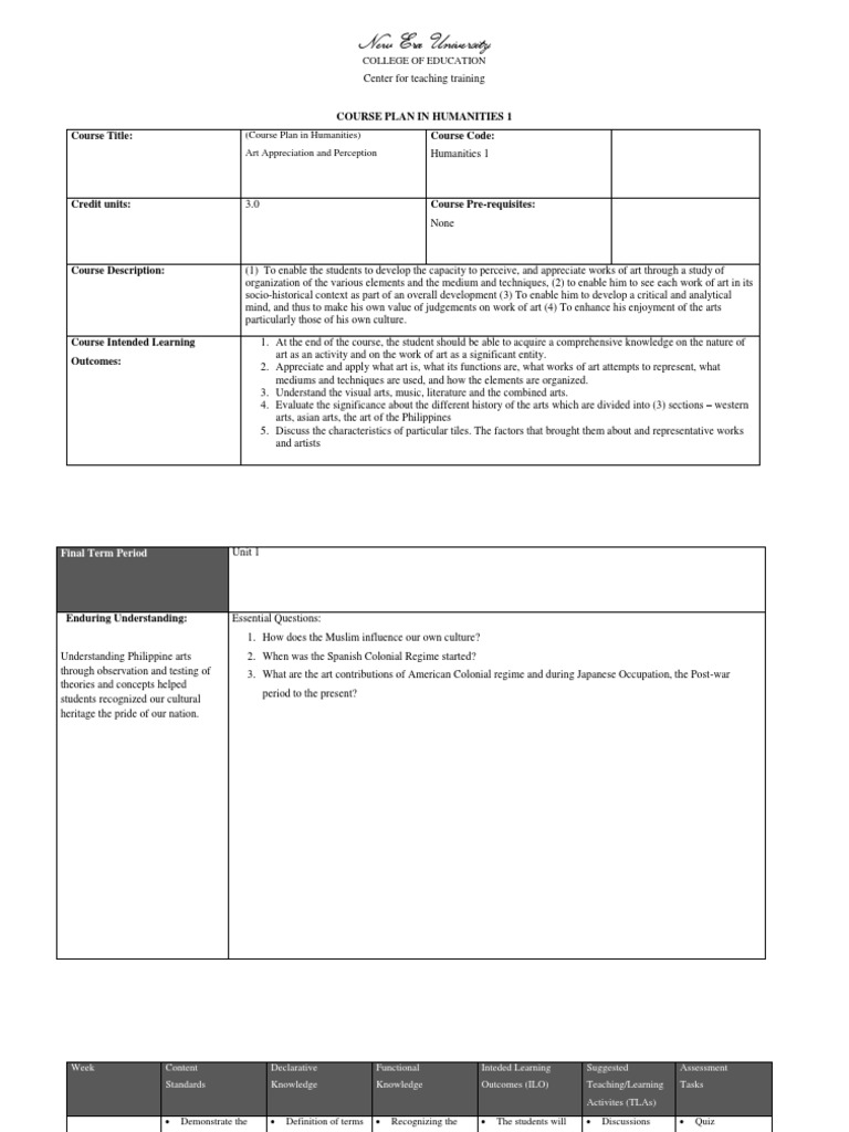 New Era University Course Plan in Humanities 1 Course Title Course