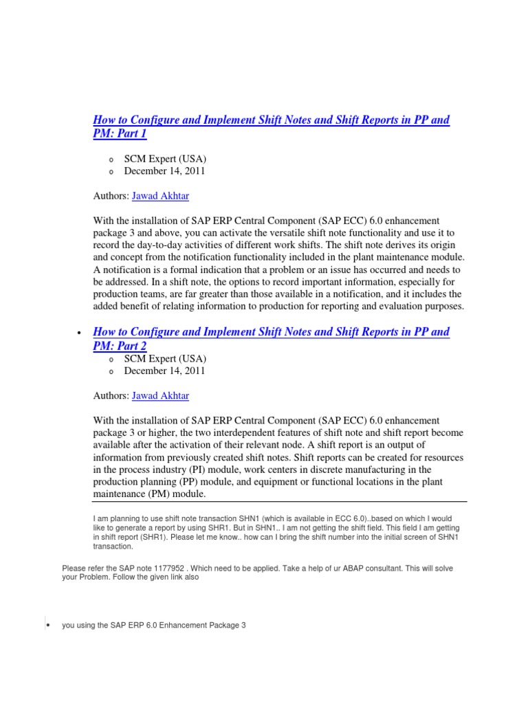 Shift Notes and Shift Reports in PP and PM PDF Information