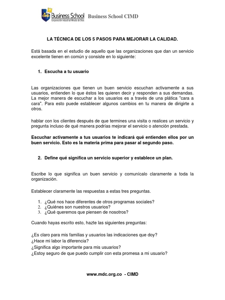 La Técnica de Los 5 Pasos para Mejorar La Calidad PDF | PDF | Calidad ...