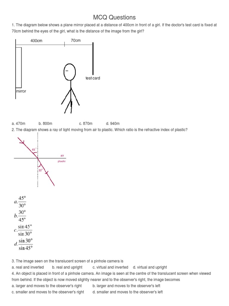 Light MCQ Questions Lens (Optics) Reflection (Physics)