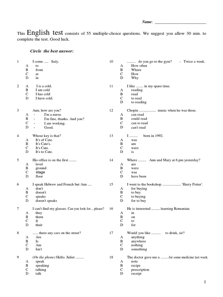 European Classification of Languages Test of English Levels From A1