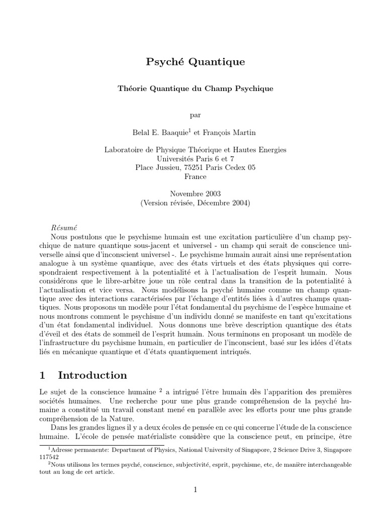 Théorie Quantique Du Champ Psychique PDF | PDF | Conscience | Théorie ...