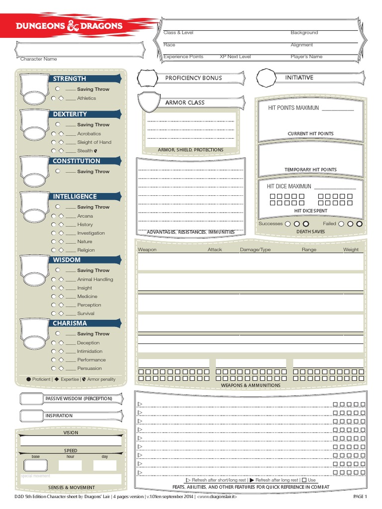dungeons dragons 5th edition fan character sheet