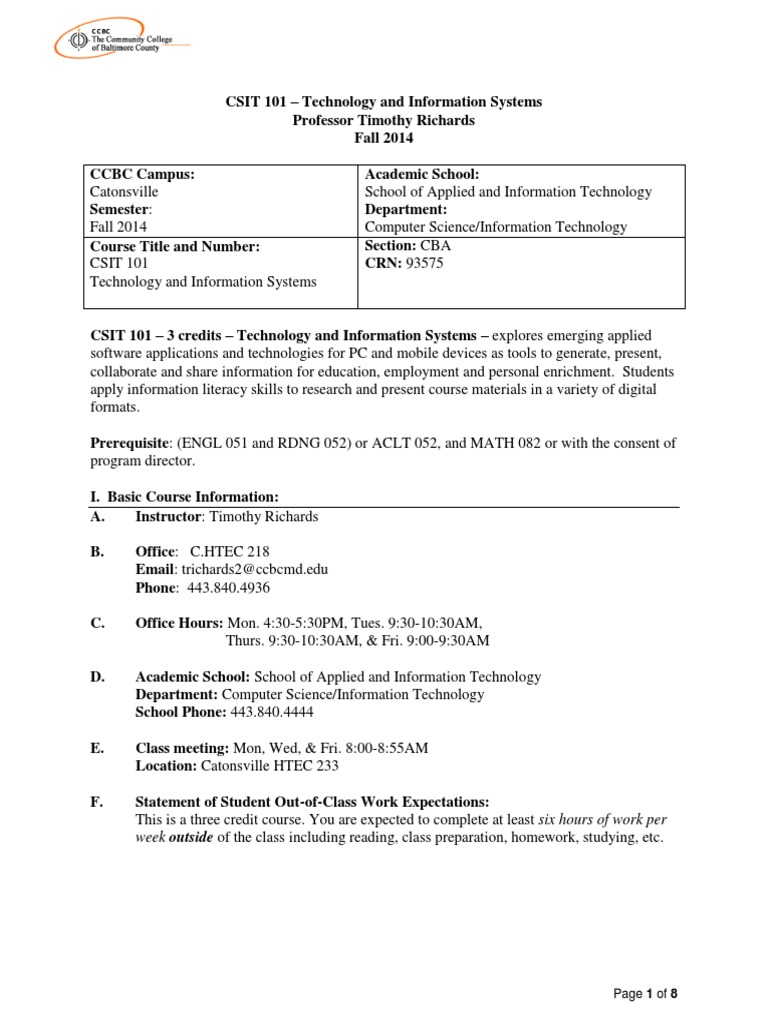 Csit 101 Syllabus | PDF | Academic Dishonesty | Privacy