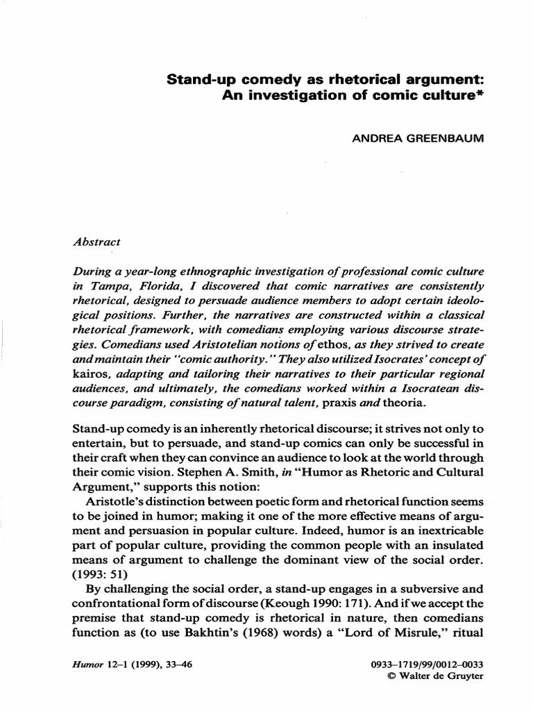 Stand Up Comedy As Rhetorical Argument An Investigation of Comic ...