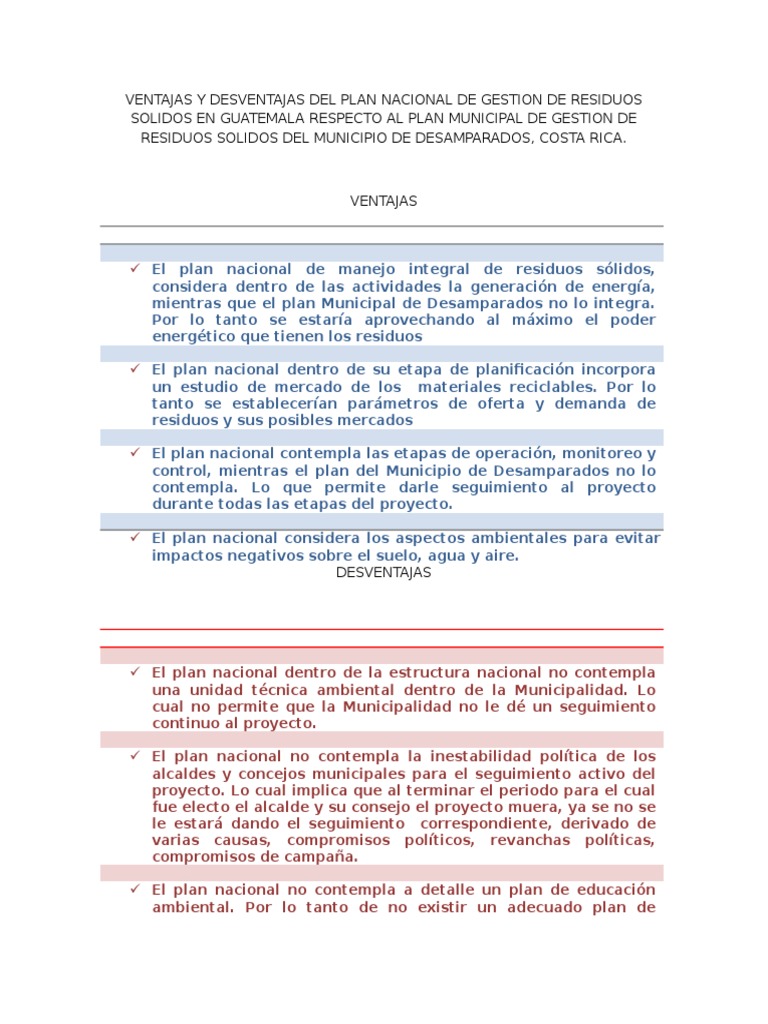 Ventajas Y Desventajas Del Plan Nacional De Gestion De Residuos Solidos En Guatemala Respecto Al Plan Municipal De Gestion De Residuos Solidos Del Municipio De Desamparados Doc Gestion De Residuos Residuos