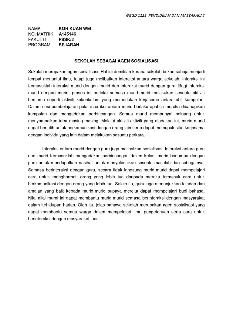 Tugasan 1 Sekolah Sebagai Agen Sosialisasi a145146