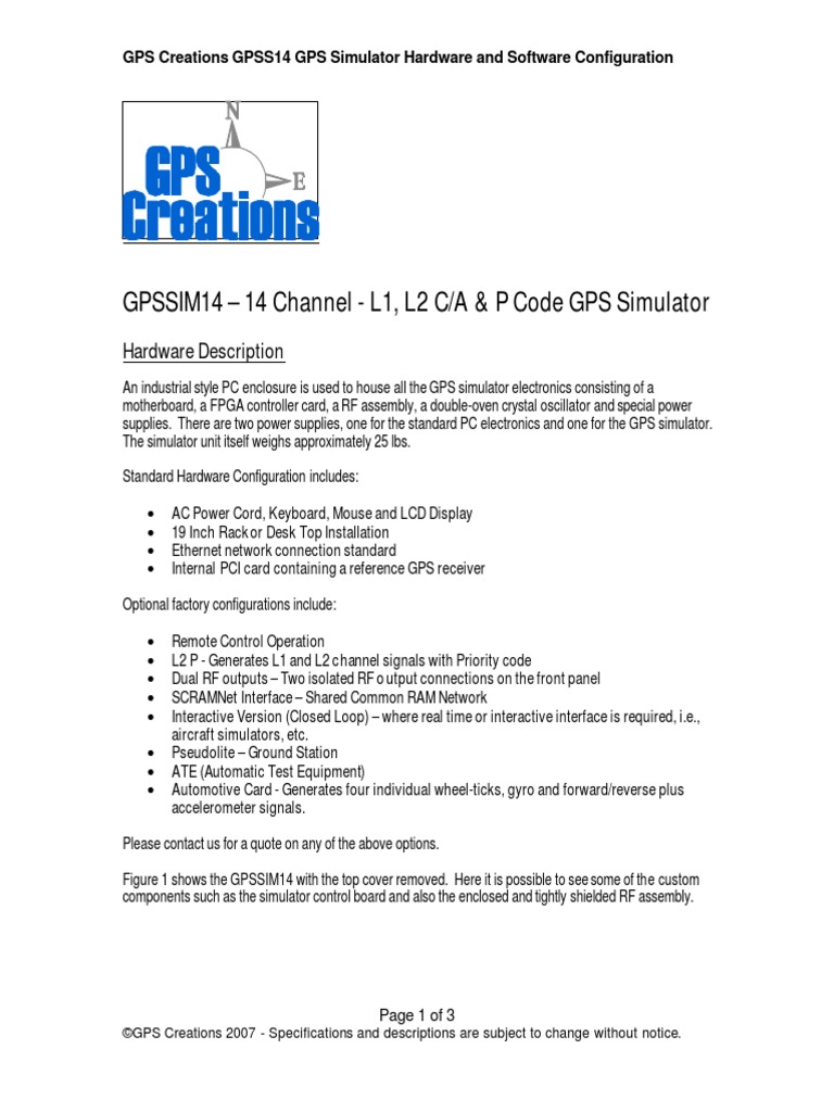 GPSSIM14 14 Channel L1, L2 C/A & P Code GPS Simulator Hardware