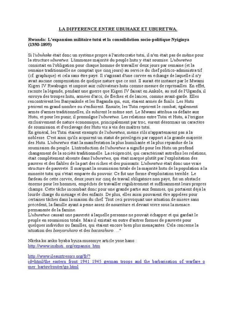 Différences entre ubuhake et uburetwa | PDF