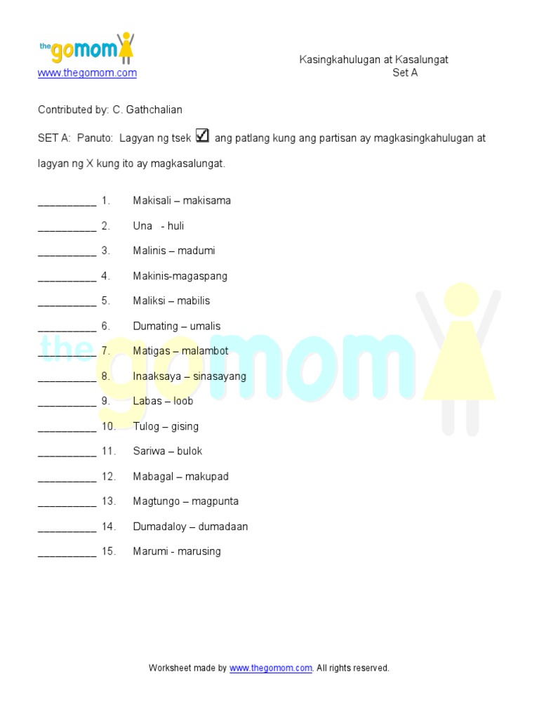 kasingkahulugan 1 grade worksheet Kasalungat at Kasingkahulugan