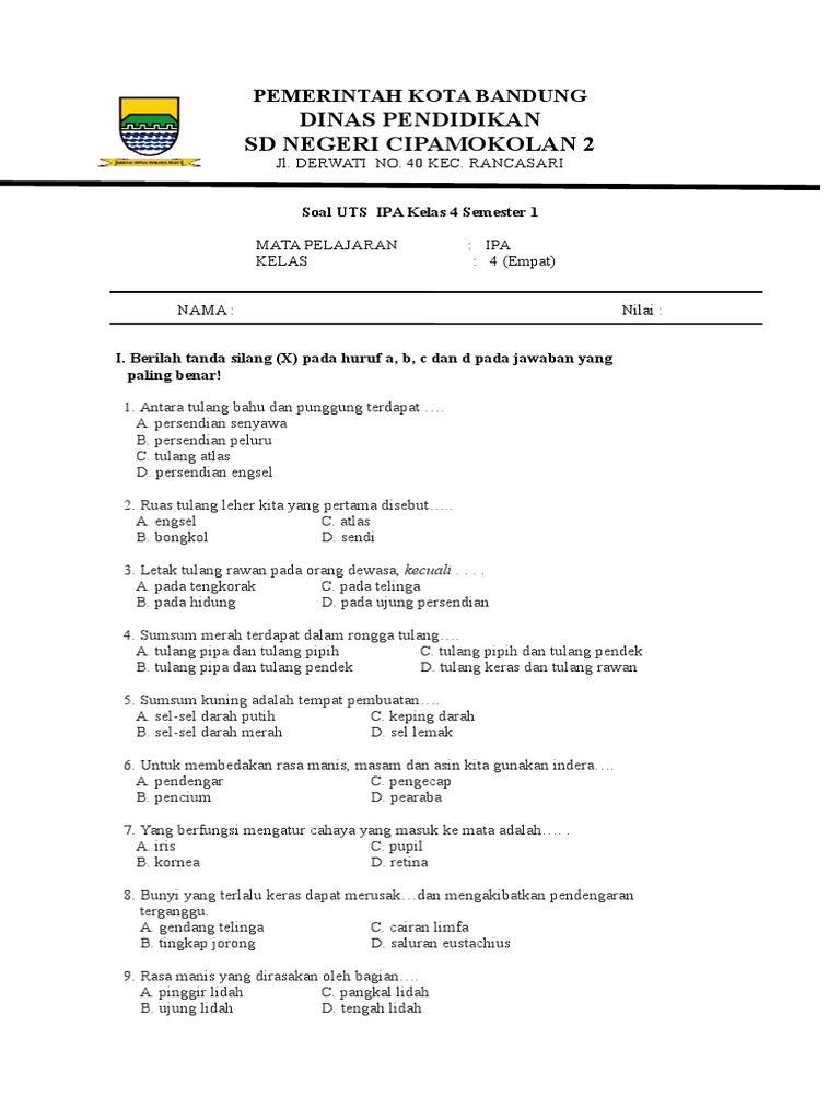 Soal UTS IPA Kelas 4 Semester 1