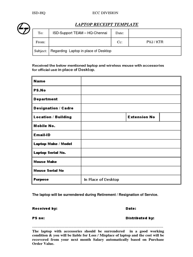 Laptop Receipt Template for Surrender | PDF