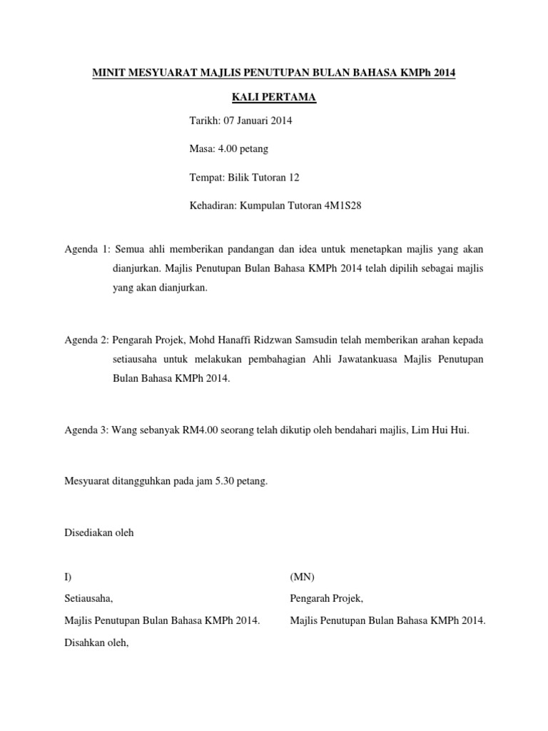 Contoh Laporan Minit Mesyuarat
