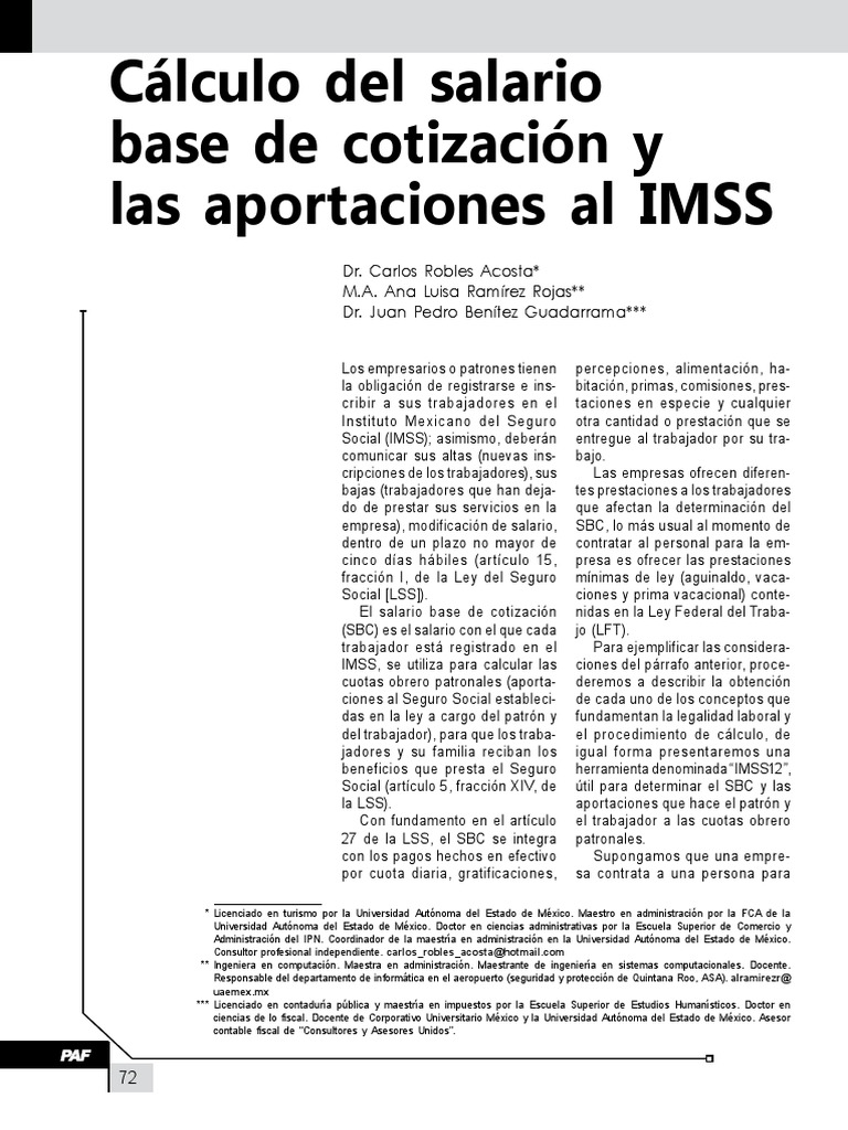 Cálculo Del Salario Base de Cotización y Las Aportaciones Al IMSS PDF ...